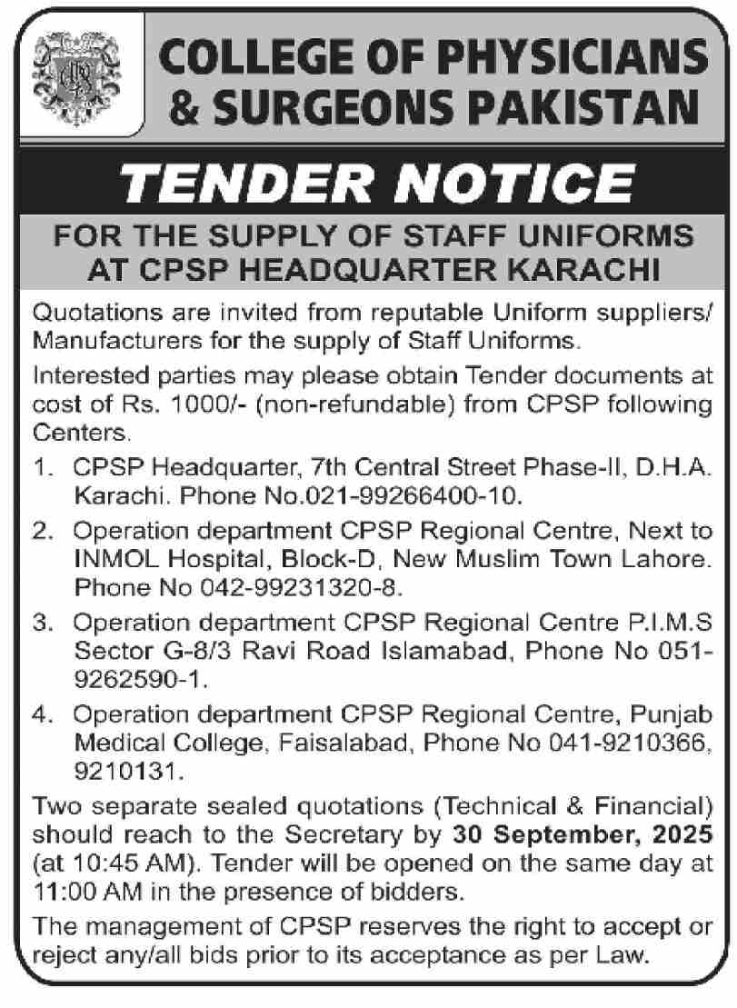 College of Physicians & Surgeons Pakistan Tender Notice